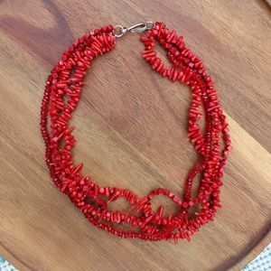 Triple Strand Red Coral & Crystal Necklace
